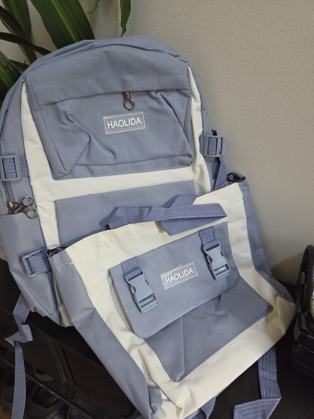 HAOLIDA 2 Piece Set Blue White Two Tone Canvas Backpack